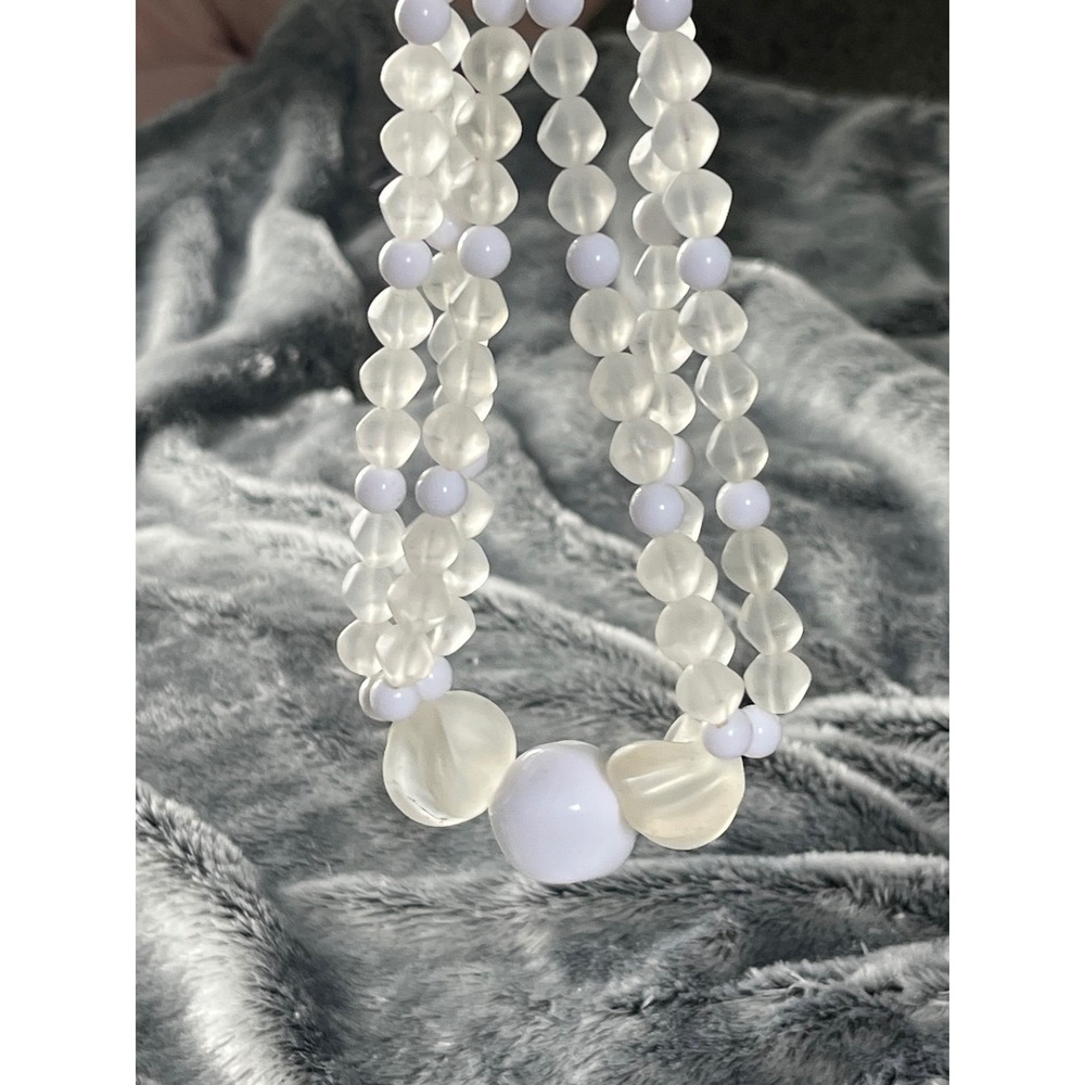 Frosted Clear & White Plastic Beaded Double Strand Necklace 20" Chunky Retro